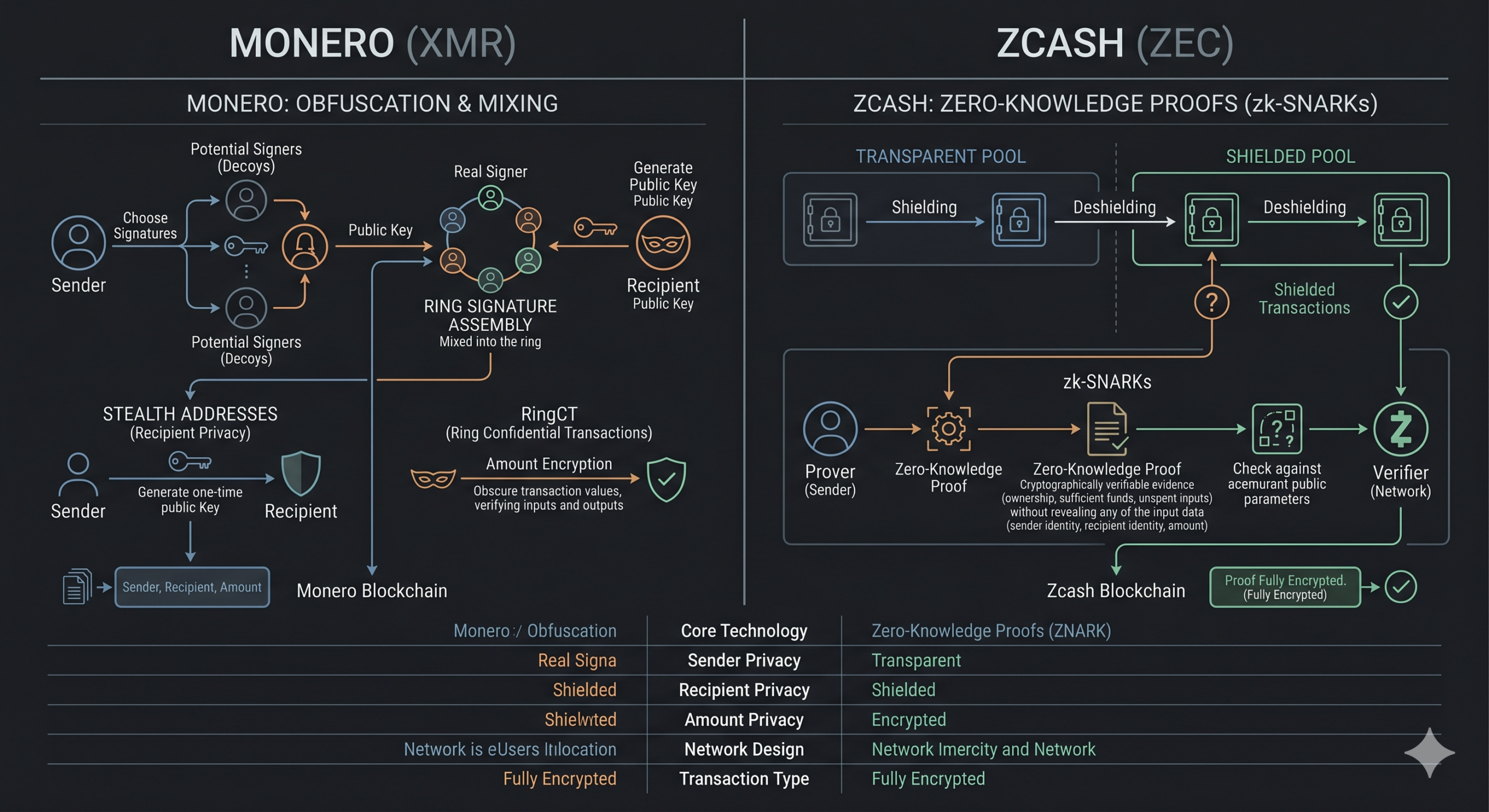 Comparison visual: Monero vs Zcash privacy architecture side-by-side