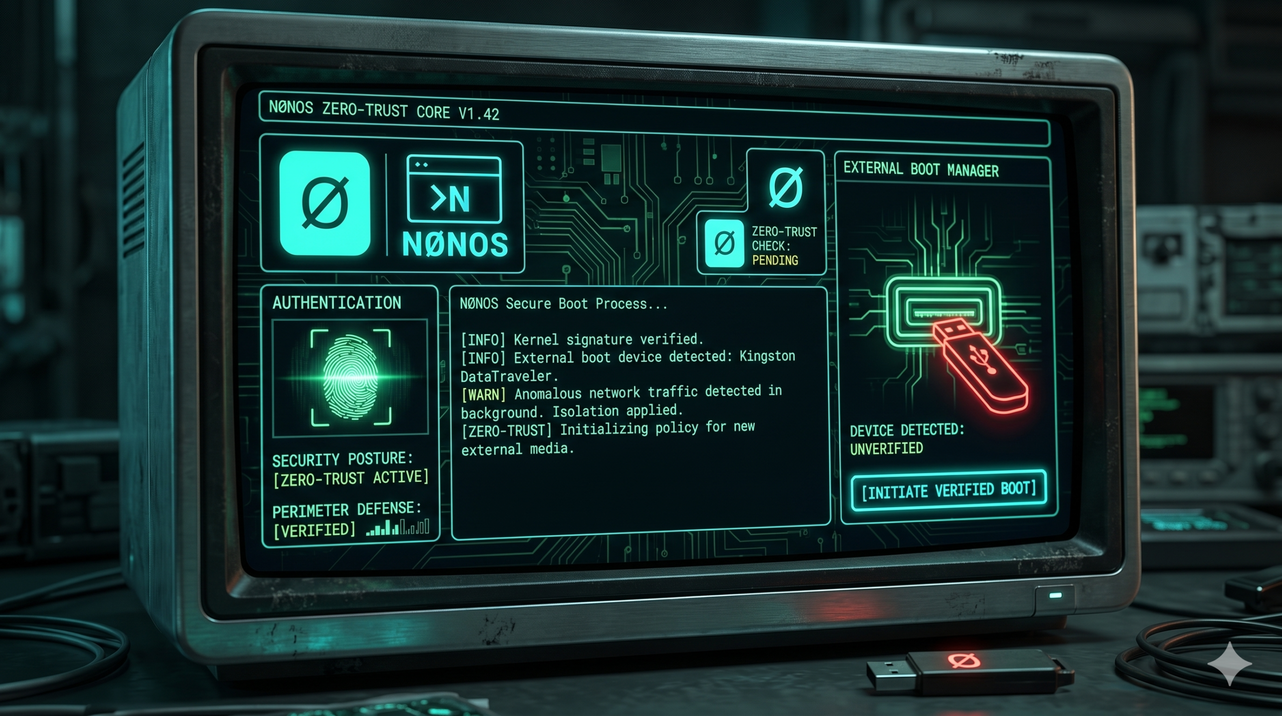 Nonos OS interface concept — bare-metal security aesthetic
