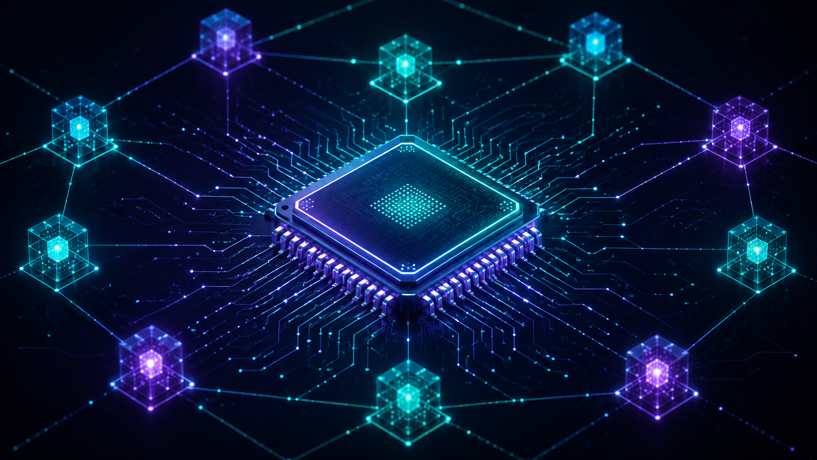 CPU Mining schematic - abstract CPU chip with glowing circuits