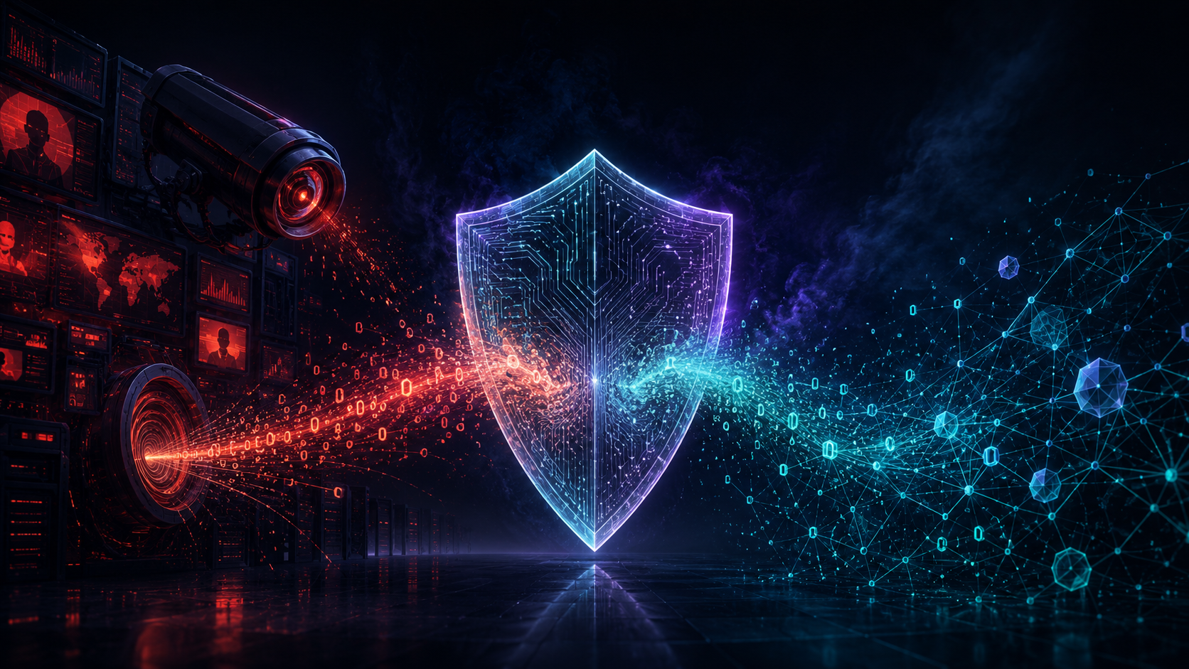 Financial privacy blockchain 2026 — on-chain surveillance vs cryptographic privacy editorial illustration