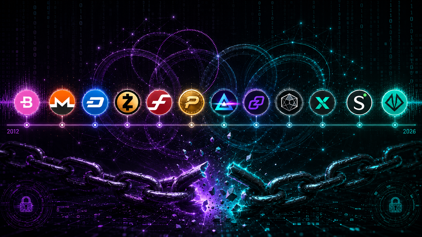 Privacy coins visual timeline 2012–2026 cryptographic resistance dark background cypherpunk aesthetic