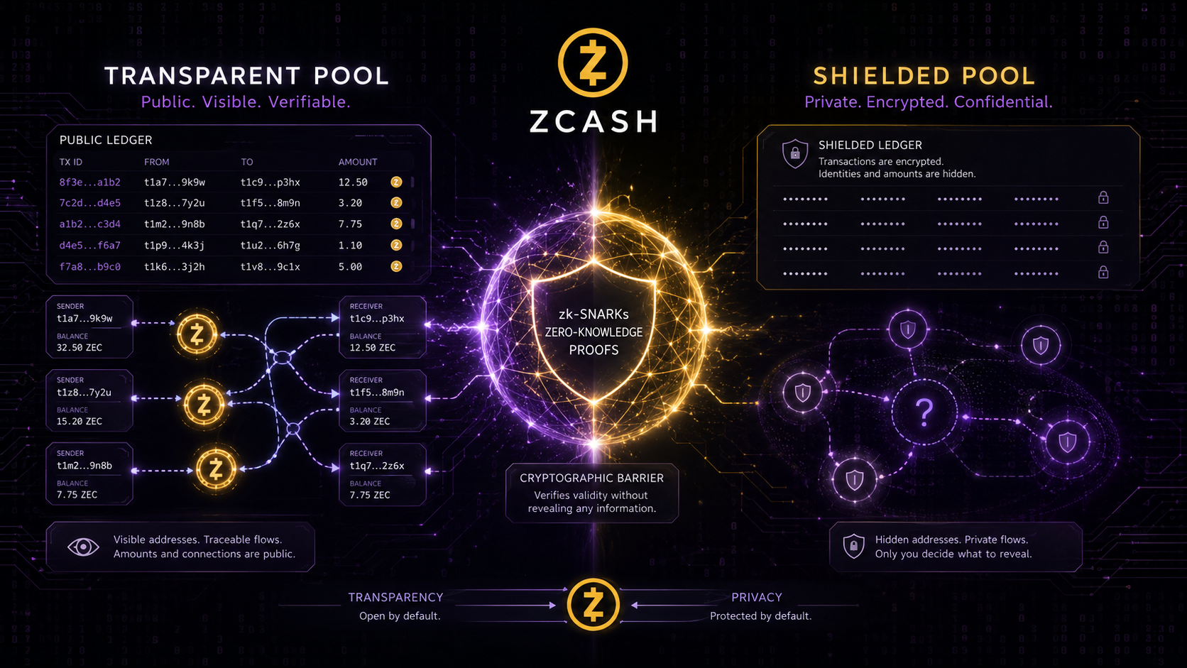 Zcash shielded vs transparent transaction pools zk-SNARKs zero knowledge proof dual pool architecture