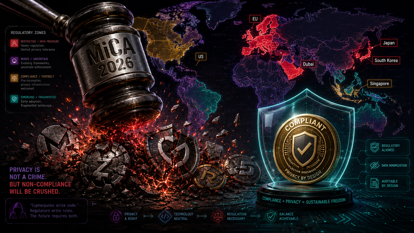 MiCA 2026 regulatory pressure on privacy coins world map regulatory zones compliance vs cypherpunk dramatic