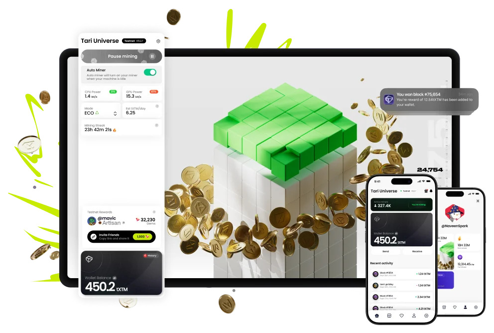 Tari Universe desktop application: gamified one-click proof-of-work mining experience for non-technical users