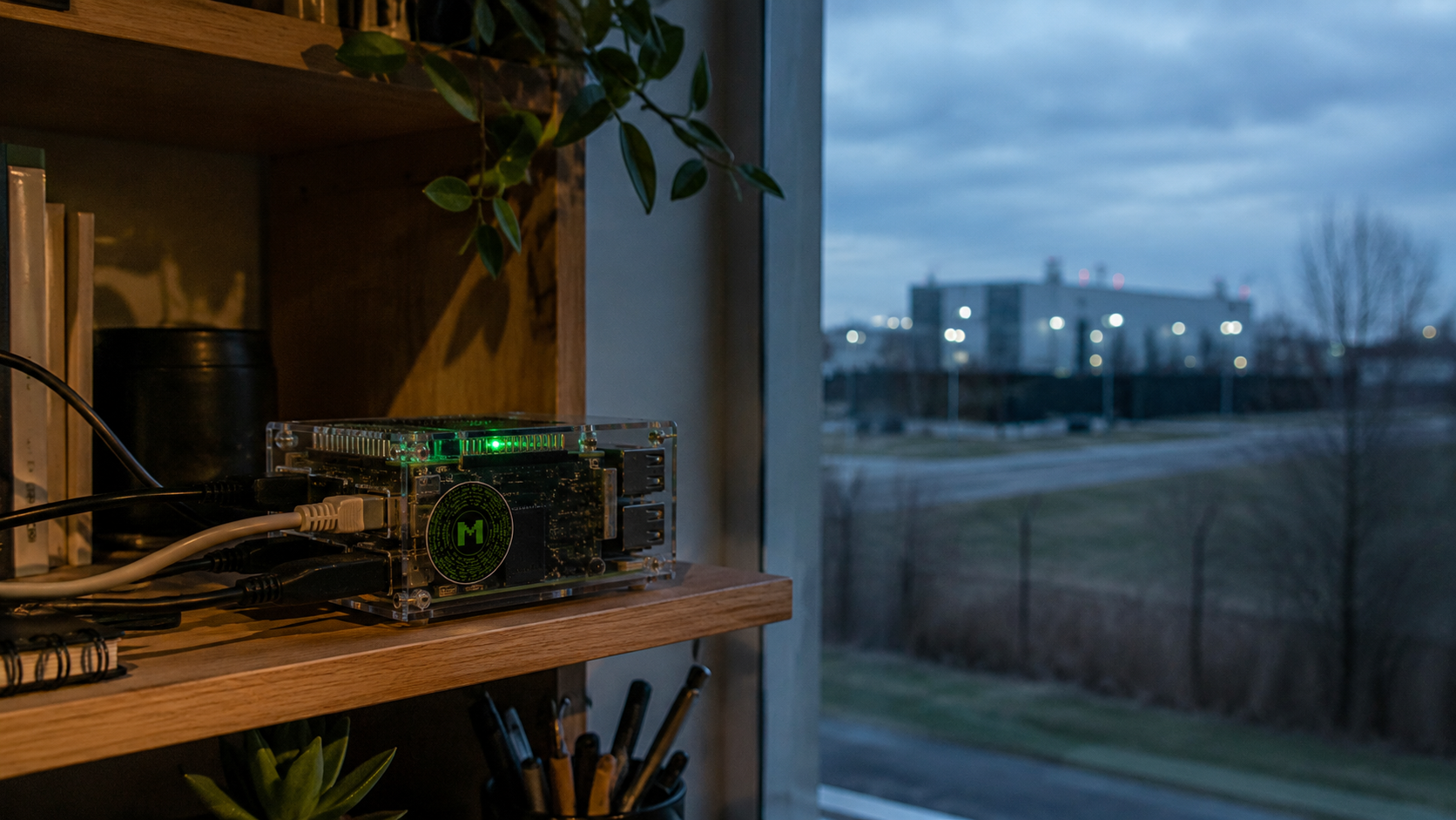 Midstate runs on edge hardware, a single-board computer on a home shelf rather than a datacenter