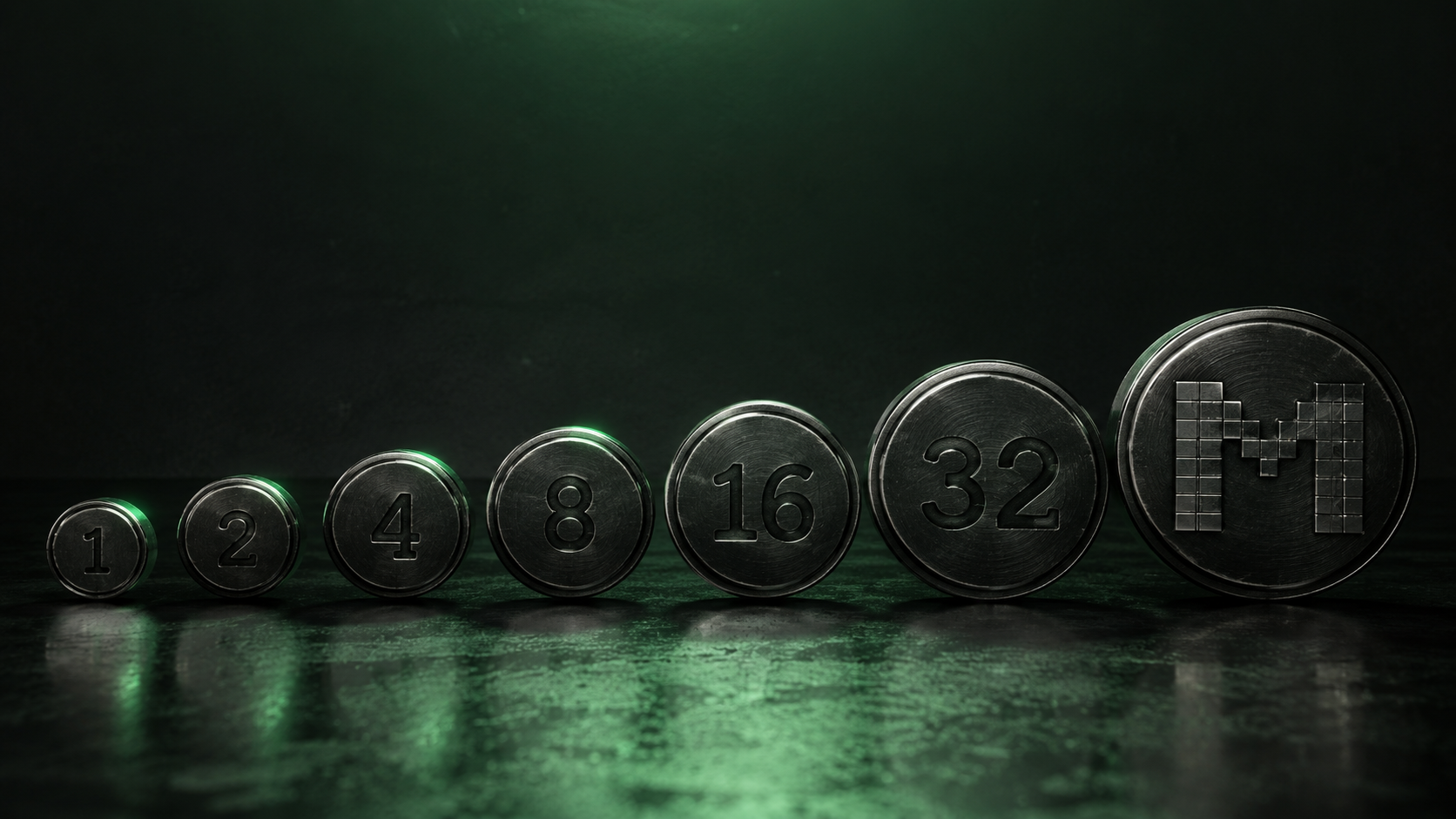 Midstate power-of-two coin denominations, medallions engraved 1, 2, 4, 8, 16, 32 and 64