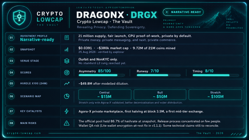 DragonX (DRGX) lowcap project card: pitch, snapshot, distribution, CAA-X scores, hurdle, scenarios, catalysts and risks