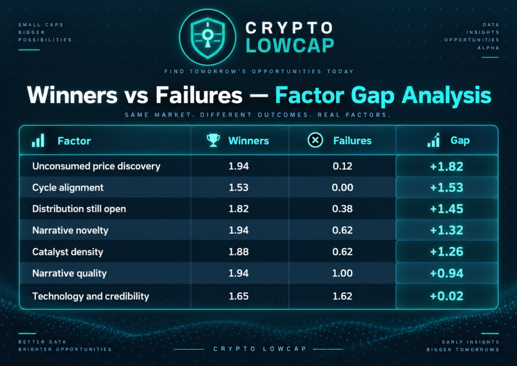 Backtest table comparing winners and failures across lowcap factors: unconsumed price discovery, cycle alignment, distribution, narrative, catalysts, technology