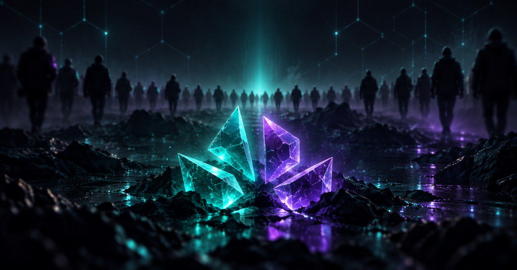 Before the Crowd editorial cover, a distant crowd walking toward four glowing crystalline shards, one for each lowcap narrative