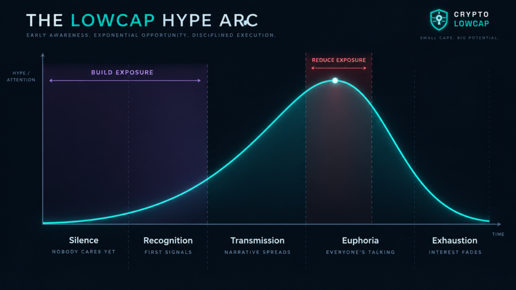 Hype arc diagram of a lowcap cycle in five phases: silence, recognition, transmission, euphoria, exhaustion