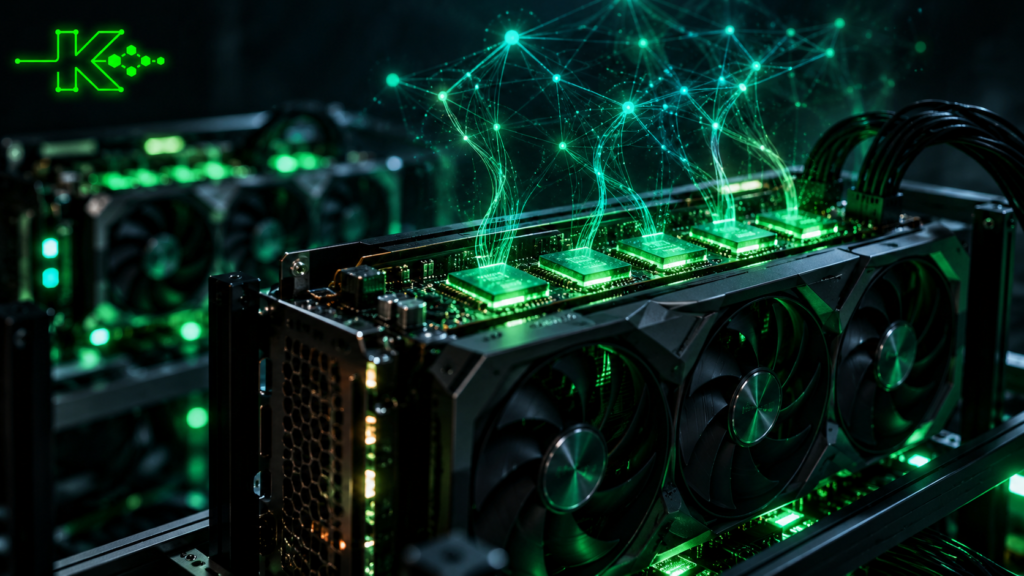 Keryx Proof-of-Model illustration, a GPU holding an AI model in VRAM on a mining rig at night