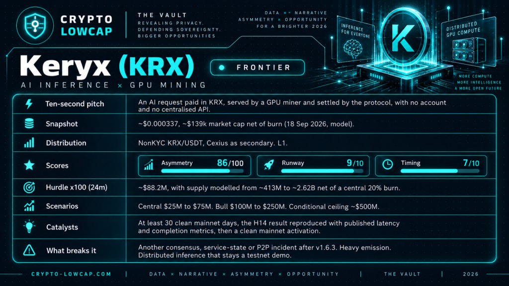 Keryx (KRX) lowcap project card: pitch, snapshot, distribution, CAA-X scores, hurdle, scenarios, catalysts and risks