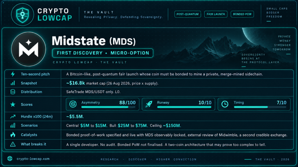 Midstate (MDS) lowcap project card: pitch, snapshot, distribution, CAA-X scores, hurdle, scenarios, catalysts and risks