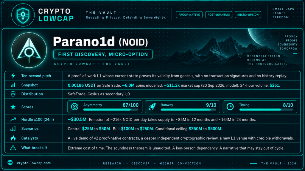 Parano1d (NOID) lowcap project card: pitch, snapshot, distribution, CAA-X scores, hurdle, scenarios, catalysts and risks