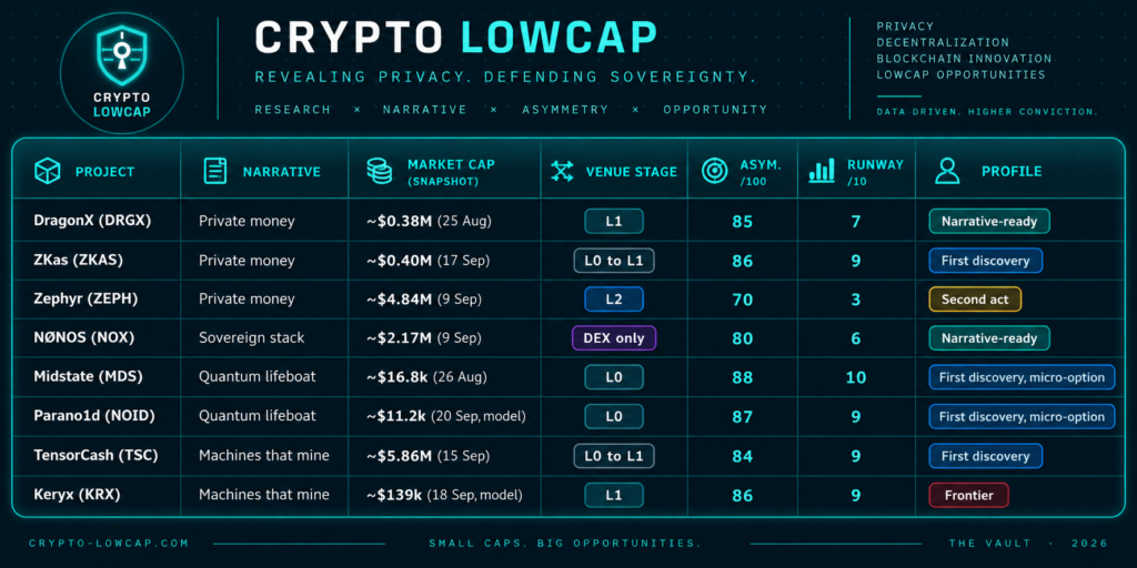 Speculative map of eight overlooked lowcaps: DragonX, ZKas, Zephyr, NØNOS, Midstate, Parano1d, TensorCash, Keryx, with narrative, market cap, venue stage, asymmetry, runway and profile
