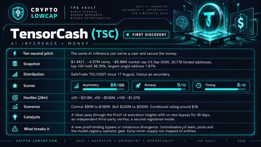 TensorCash (TSC) lowcap project card: pitch, snapshot, distribution, CAA-X scores, hurdle, scenarios, catalysts and risks