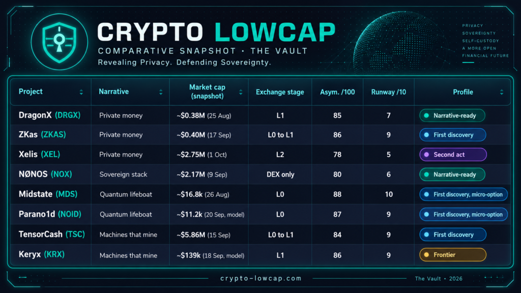 Speculative map of eight overlooked lowcaps: DragonX, ZKas, Xelis, NØNOS, Midstate, Parano1d, TensorCash, Keryx, with narrative, market cap, exchange stage, asymmetry, runway and profile